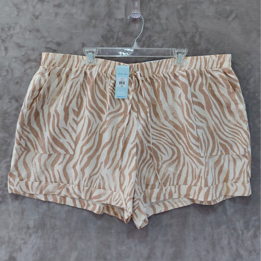NEW Blue Sol Linen Blend Zebra Striped Cuff Shorts Women's 3X Drawstring Waist